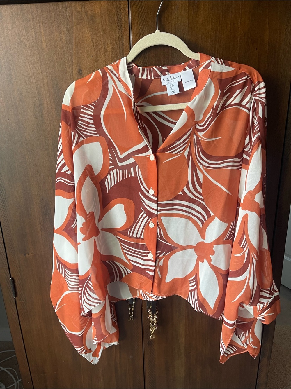 Nicole Miller Orange Floral Button-Front Blouse